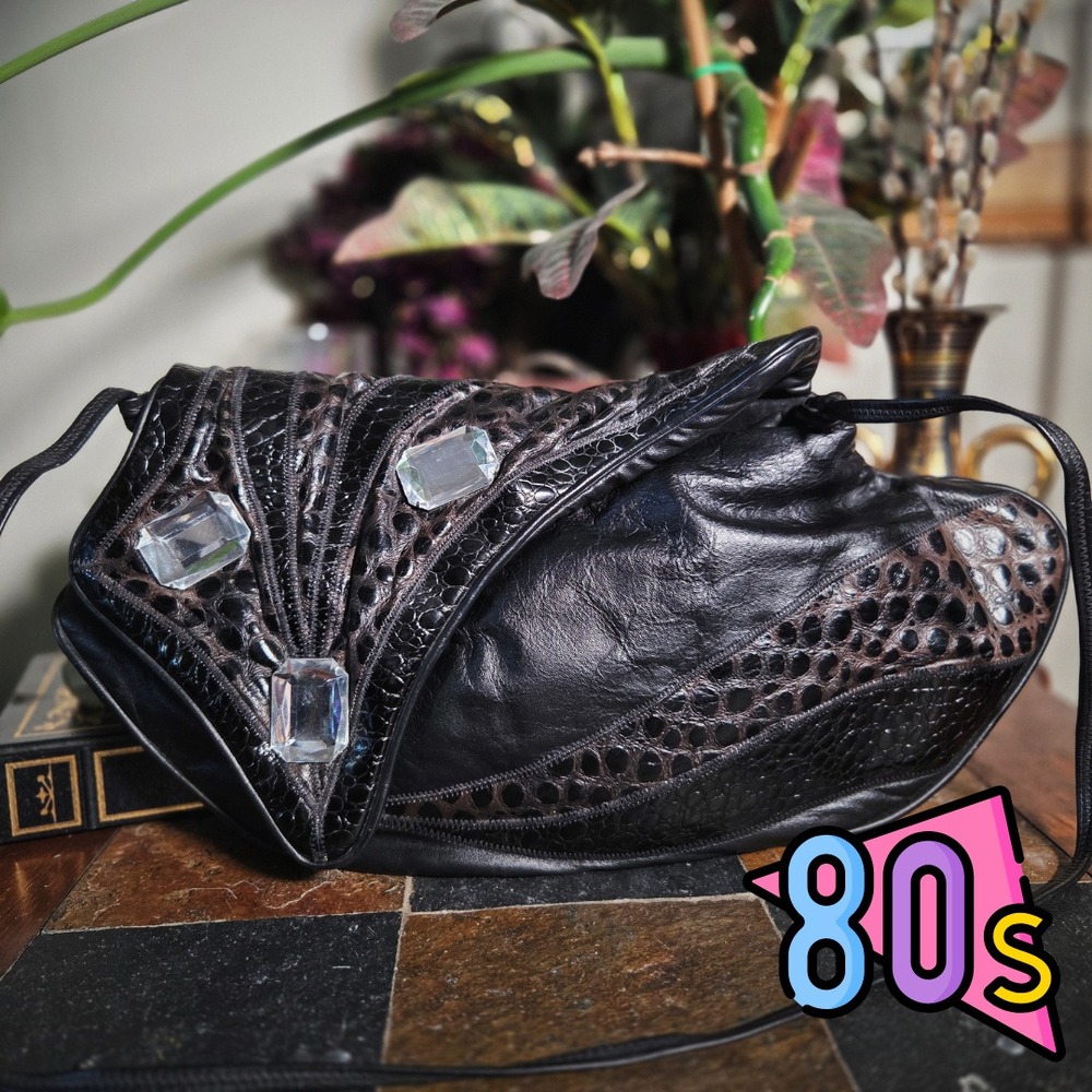 Vintage 80s Purse Black Leather Handbag Faux Croc Rhinestone Glam Slouchy Bag